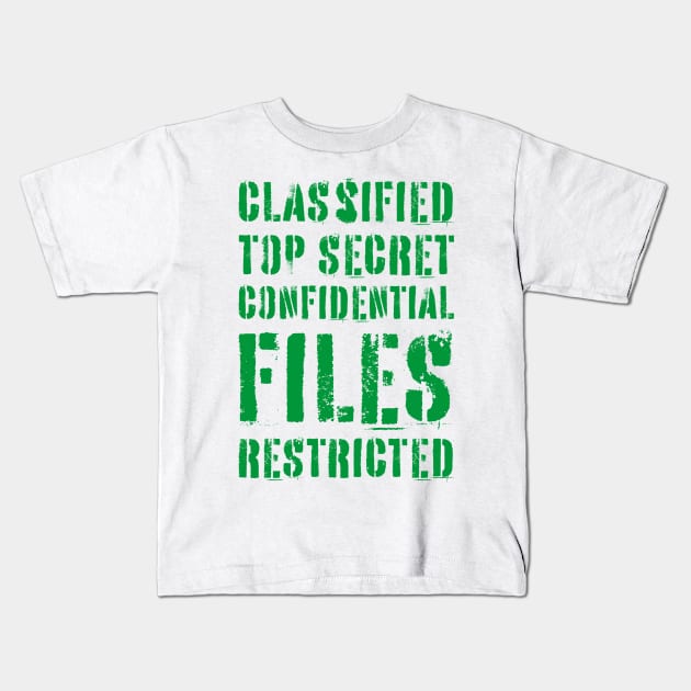 Classified Files Typography Stack (Green) Kids T-Shirt by John Uttley